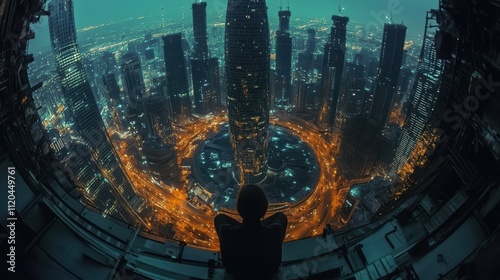 Photographer sitting on top of skyscraper enjoying futuristic dubai cityscape at night