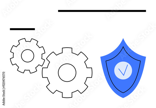 Two interlocking gears with a blue shield featuring a checkmark indicating security. Ideal for technology, cybersecurity, operations efficiency, automation, business protection, system reliability