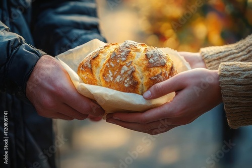 Food Donation Giving Help to Homeless Man with Bread Roll Sharing Kindness in Community