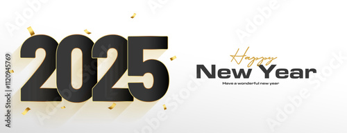 happy new year 2025 white banner with golden confetti