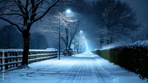 Serene Snowy UK Road at Night, Winter Wonderland Scene with Snow-Covered Trees, Wooden Fences, and Blue Streetlights