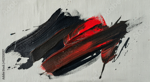 Intense abstract expression with swirling black and red paint on a white canvas, showcasing movement