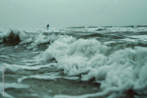 A lone surfer conquers vigorous ocean waves beneath a moody sky, embodying courage and the raw power of nature in an impressive seascape.