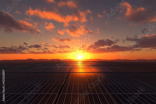 Vast solar panel farm at sunset, capturing clean energy, renewable resource.