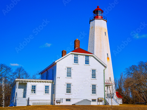 Sandy Hook Lighthouse in New Jersey, built on June 11, 1764, the oldest working lighthouse in the United States: The historic landmark architecture in Gateway National Recreation Area