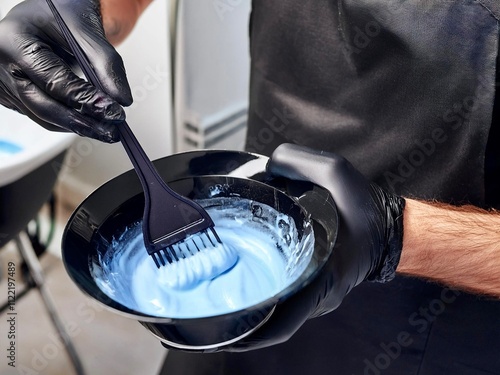 Hands of a male hairdresser mixing dye to color a client's hair