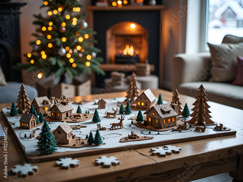 Charming wooden winter village scene with warm lights and christmas decor in cozy living room setting, photography of still life concept.