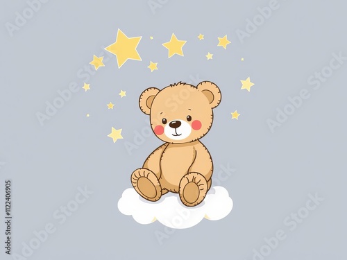 Teddy bear sitting on cloud catching stars vector illustration for kids fashion artworks and prints, stars, cloud