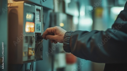 A low-angle view of someone checking the electrical meter readings, with the background softly blurred for context.