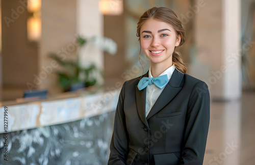 Młoda, uśmiechnięta recepcjonistka w eleganckim uniformie z niebieską muchą stoi na tle nowoczesnej recepcji w hotelu.