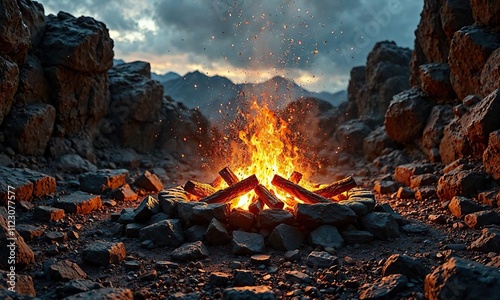 Rocky terrain surrounding a crackling fire pit with sparks flying everywhere , fire, sparks, wilderness