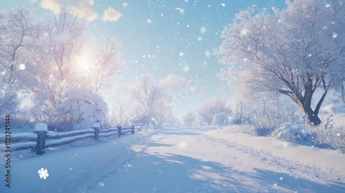 A whimsical anime-style snowscape featuring sparkling snowflakes and frosty trees on a serene winter day. generative ai. anime wallpaper. Ultra realistic. Photorealistic