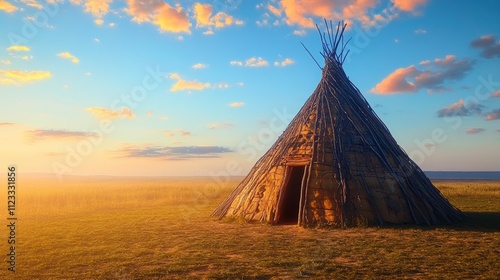 Traditional native american hogan stands on reservation during sunset