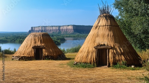 Traditional native american hogan dwellings overlooking scenic river landscape