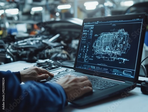 Mechanic analyzing v8 engine performance with laptop in professional workshop surrounded by vehicles