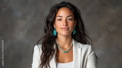 Relaxed in composure, a dark-haired woman in a white blazer flaunts vibrant turquoise jewelry. Her serene face is against a textured backdrop, symbolizing calm.