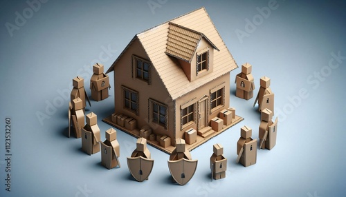 Cardboard house surrounded by soldiers with shields defending the house against criminals. Security concept.