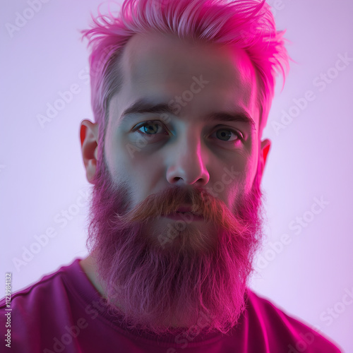 Chico con cabello y barba rosa mostrando una mirada intrigante.