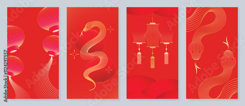 Chinese New Year 2025 hongbao red envelope design vector. Collection of Chinese festival with snake, lantern, pattern. Elegant oriental illustration for angpao, cover, website, calendar, ads.