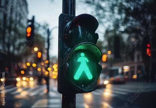 green traffic light pedestrian signal urban safety go stop symbol colours three-dimensional illuminated road street control transportation