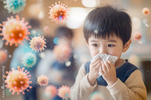 Little dark-haired boy wipes his nose with a white handkerchief, sad look down, silhouettes of disease viruses drawn around, children in the background blurry