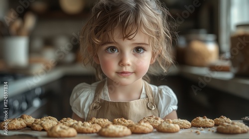 Happy girl baking cookies in cozy kitchen with motherly love and joyful family time