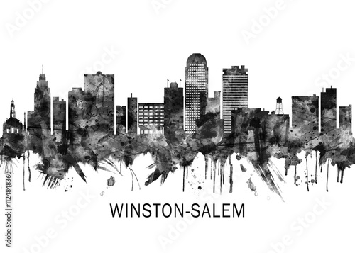 Winston-Salem North Carolina Skyline BW, abstract painting travel poster urban landscape modern art downtown skyline illustration landmarks skyscrapers artwork architecture