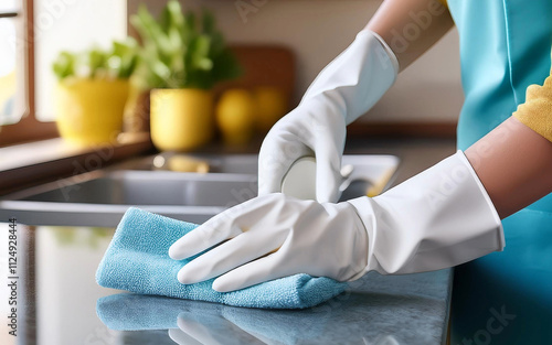 manos de mujer hace limpieza de una cocina