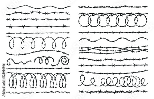 Barbed wire. Black barbwire, war or safety elements. Decorative borders design. Security and fencing of prison, closed area fence, neoteric vector set