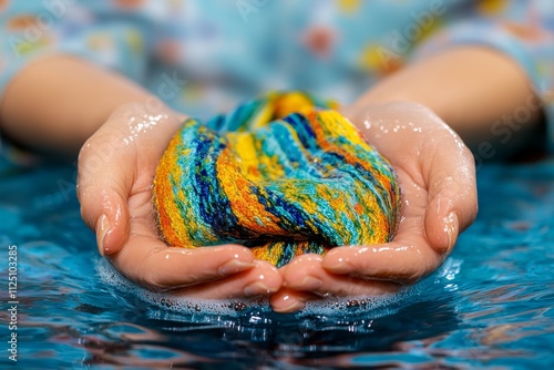 A detailed shot of hands wringing out a freshly dyed scarf, with colorful water dripping into a basin below