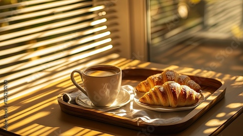 A cozy breakfast setting with a coffee cup and croissant on a tray, with dappled sunlight filtering through blinds