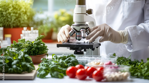 A scientist in a lab coat analyzing samples under a microscope in a high-tech laboratory.