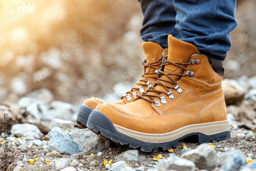 Close-up of sturdy tan leather work boots standing on rough rocky ground, symbolizing toughness and outdoor activities.