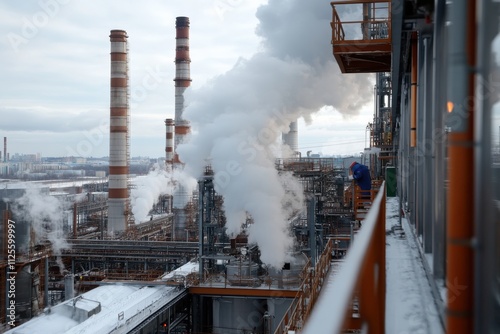 A comprehensive view of an industrial complex with large smoke stacks belching steam in daylight, representing the scale and impact of modern industry on the environment.