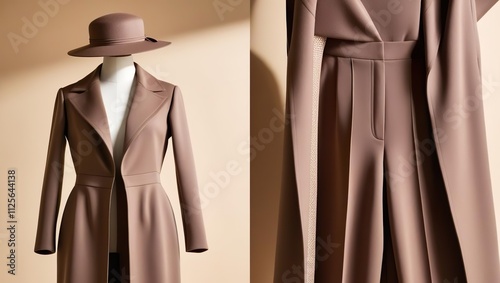 mocha mousse, collage, fashionable women's clothing, suit on a mannequin in mocha mousse color, trend color 2025