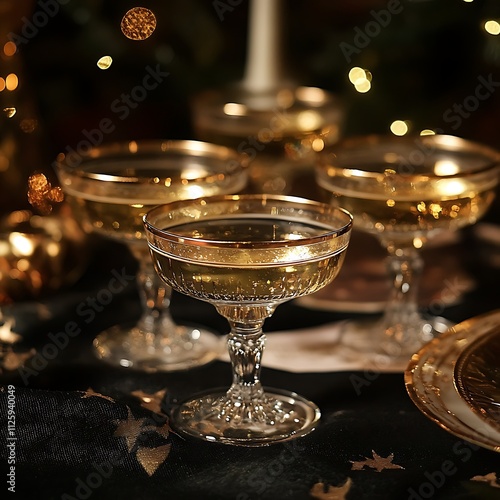 Golden champagne coupes on festive table.