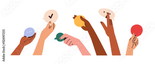 Sharing opinions, giving feedback, concept. Hands holding communication symbols set. Speech bubbles, reviews, comments, messages, news and ideas. Flat vector illustration isolated on white background