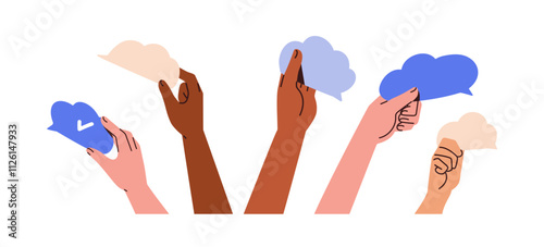 Hands holding a blank speech bubbles, clouds with ideas, information, thoughts. Communication, opinion, feedback, dialogue concept. Flat vector illustrations set isolated on white background