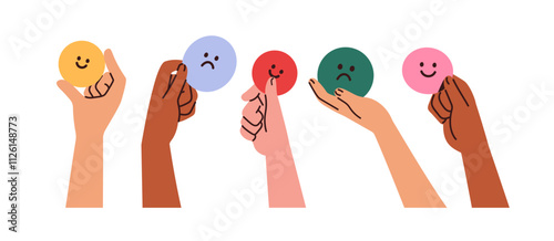 Hand holding emoji, happy and sad face expressions, showing positive and negative emotions. Satisfied and discontent feedback, mood concept. Flat vector illustration isolated on white background