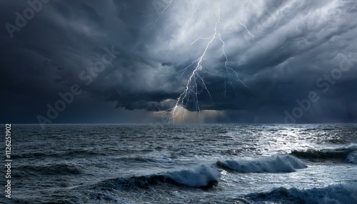 荒れ狂う海と暗い空、灰色の雲と遠くの雷が演出する嵐前の静けさ 