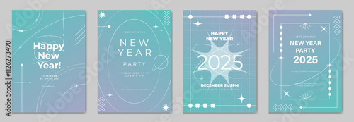 Happy New Year poster design background vector set. Celebration Modern gradient card template with vibrant geometric shape movement different. Ideal design for social media, flyer, party, ads.