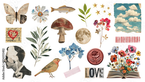 PNG vintage ephemera scrapbook collage design element set, transparent background