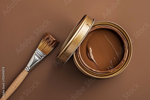 a painting brush lying on a can of paint, with a top view of the background with the color mousse mocha in a minimalist style with free space