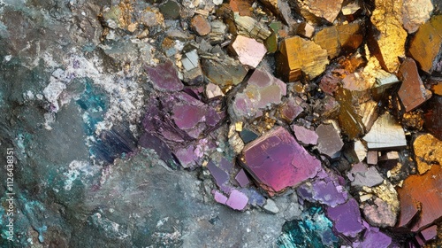 Colorful mineral composition featuring chalcopyrite, pyrite, and calcite showcasing unique textures and brilliant hues in natural rock formation.