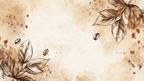 whimsical coffee illustration, rustic sepia tones, watercolor splatter background, hand drawn coffee beans, vintage botanical elements, artistic beverage sketch