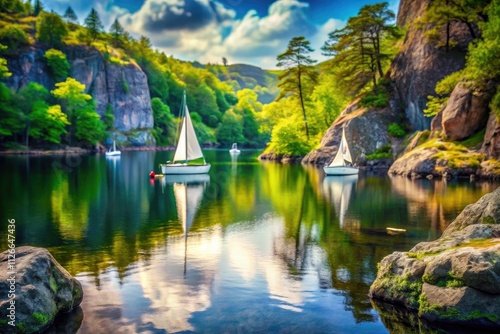 Breathtaking Cove in Nature with White Sailboats and Majestic Rocks - Old Loch Katrine Scotland View from 1839