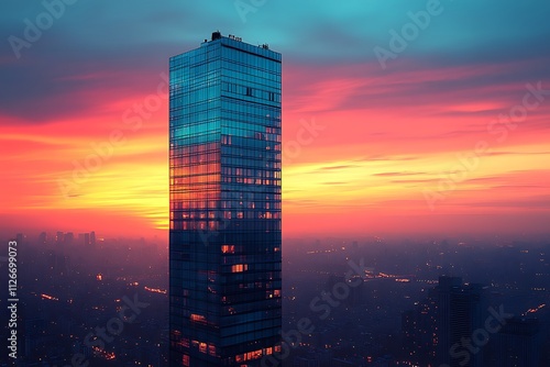 A lone skyscraper pierces the vibrant, colorful sky at sunset over a bustling city.