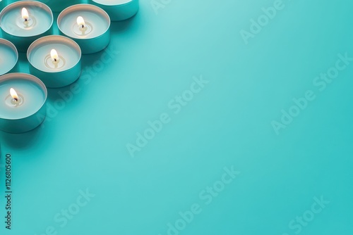 Cluster of tealight candles on a vibrant turquoise background with soft lighting, leaving half the image for text.