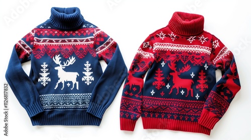 Blue and red knitted Christmas turtleneck sweater of traditional design with moose or elk ornament (aka Ugly Sweater) templates isolated on a white background