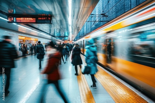 A vibrant scene showcasing urban life in a subway environment.